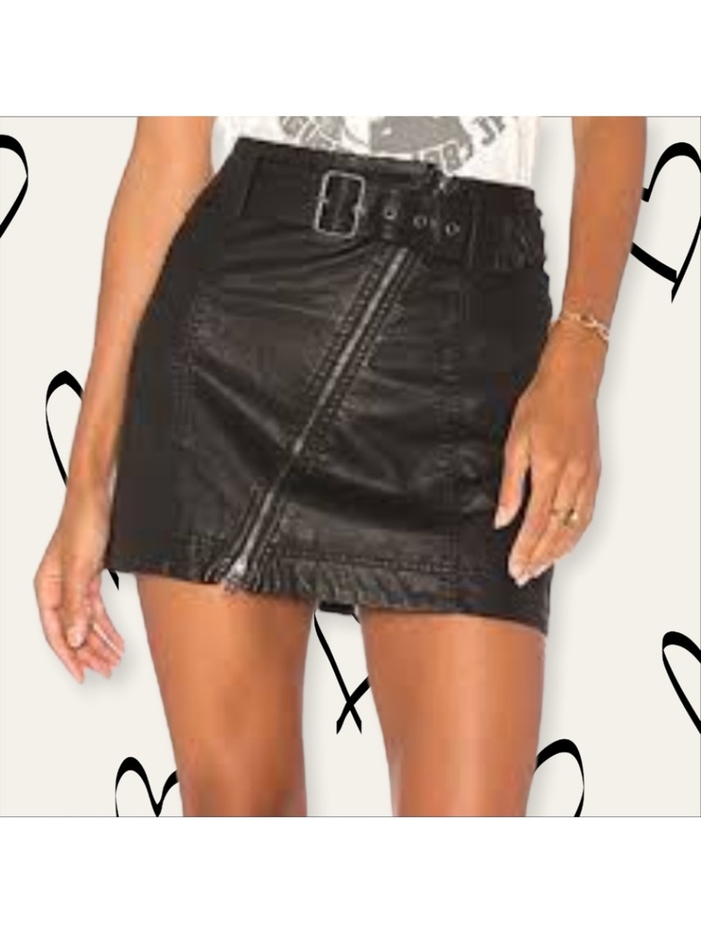 Free People sexy belted black vegan leather mini skirt asymmetrical zipper sz 4